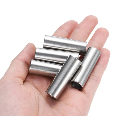 Hand holding five Heavy Duty Stainless Steel Spacer Set 3/8 Bore 1/2 OD 1-1/2 Inch Length For 3/8 Screws Bolts And Rods 304