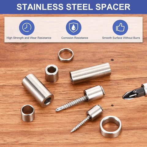 8 Pieces 304 Stainless Steel Spacer 8mm ID x 12mm OD x 12mm Length Unthreaded Round Metal Standoff Bushing on wood surface