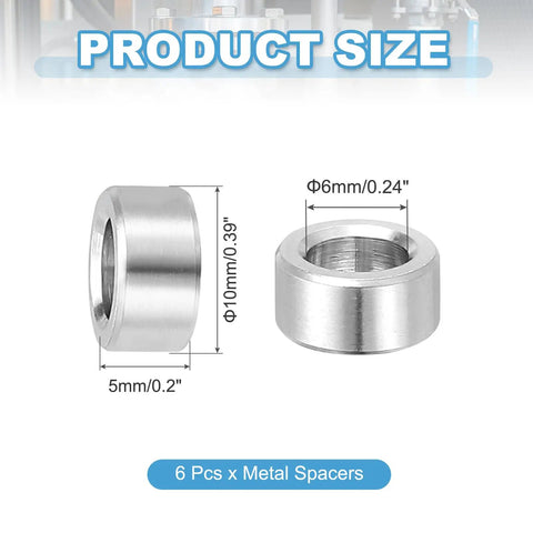 Durable Stainless Steel Spacers Kit For One Quarter Inch Screws And M6 Bolts, 6mm ID x 10mm OD x 5mm thickness shown.