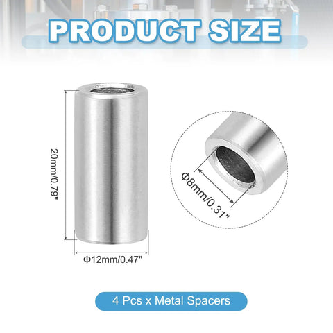 Stainless Steel Spacer Kit Four Pieces 8mm ID 12mm OD 20mm Height 304 Grade Bushing Standoff Unthreaded Round Spacers