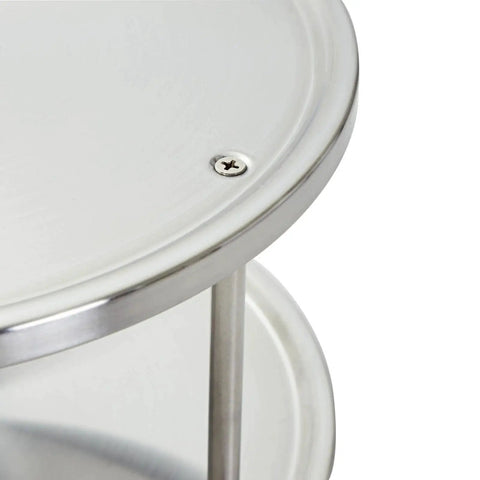Close-up of 2-Tier Lazy Susan Spice Rack Organizer for Cabinet and Pantry, Stainless Steel, 10.5 Inch Diameter shelf screws and edges.