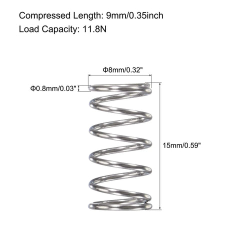 Stainless Steel Compression Spring 8mm OD 0.8mm Wire 9mm Compressed Length 15mm Free Length 11.8N Load 304 Stainless For DIY Projects Pack Of 10 Silver Tone Durable Corrosion Resistant side view with measurements