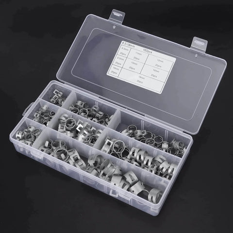 Box of 160Pcs 304 Stainless Steel Spring Clips Hose Clamps Set In Eight Sizes 6.5 To 18 Millimeter for fuel, pipe, and cable clamps.