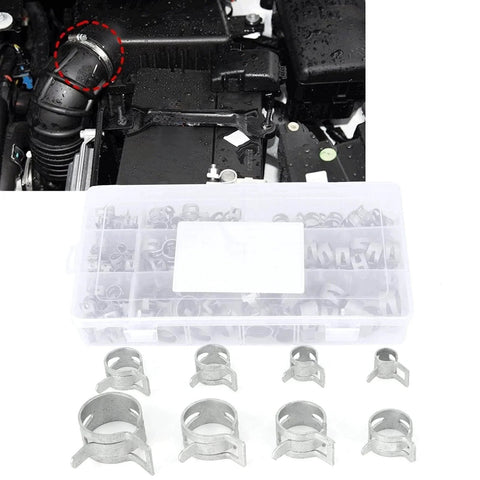 160Pcs 304 Stainless Steel Spring Clips Hose Clamps Set In Eight Sizes 6.5 To 18 Millimeter for automotive use, box view.