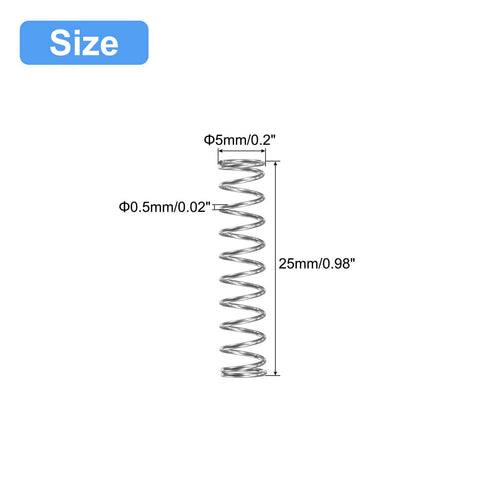 Diagram of a metal spring with dimensions, 5 mm diameter and 25 mm height, labeled for size detail.