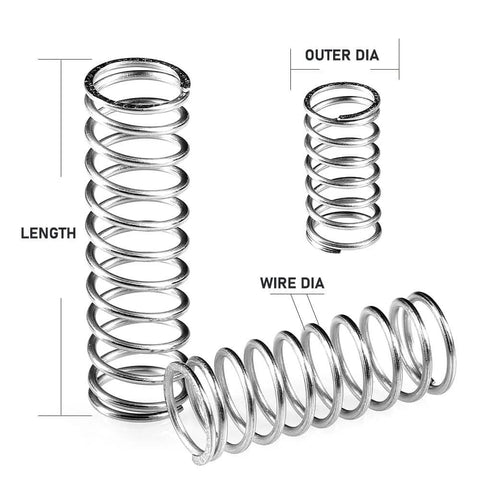 Stainless steel springs with length, outer diameter, and wire diameter shown. Part of the ✝️ 390-Pack Utility Cart for daily transport tasks.