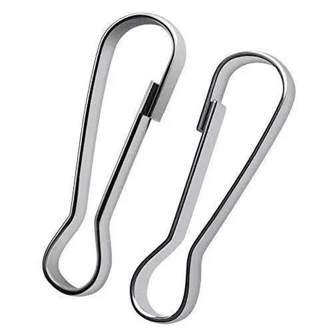 Close-up of two 304 stainless steel spring hook clips from a 100 Pack 25mm, ideal for lanyards, key chains, and ID cards.