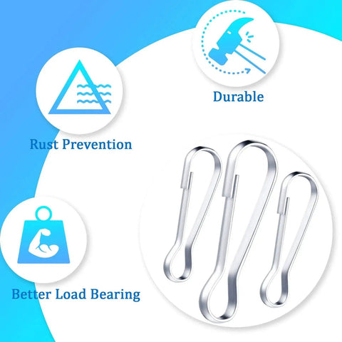 Premium 304 Stainless Steel Spring Hooks Set 250 Pieces in Six Sizes shown with rust prevention and durability icons