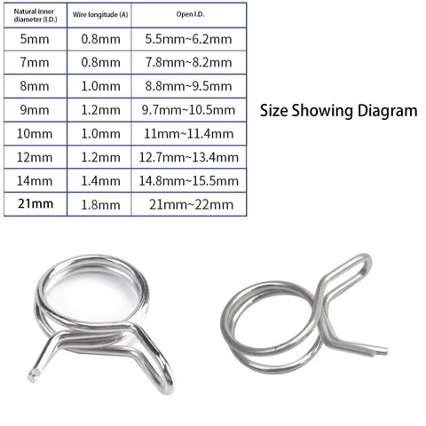 50 Pcs Stainless Steel Spring Hose Clamps Set For Air And Water Hoses With 10mm Inner Diameter Durable Tube Fastener Clip High Quality Metal Clip For Secure Hose Connections In Automotive Plumbing And Home Applications, shown with size diagram
