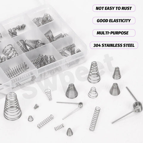 Stainless Steel Spring Set With 148 Pieces in Three Styles Conical Compression 0.3 to 1 mm shown in organizer box