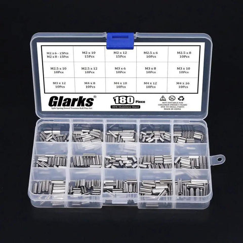 Durable 304 Stainless Steel Slotted Spring Pin Assortment Kit 180 Pcs in M2 M2.5 M3 M4 Sizes with Transparent Storage Box