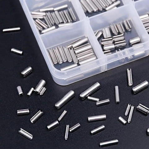 Durable 304 Stainless Steel Slotted Spring Pin Assortment Kit 180 Pcs In M2 M2.5 M3 M4 Sizes With Transparent Storage Box on table
