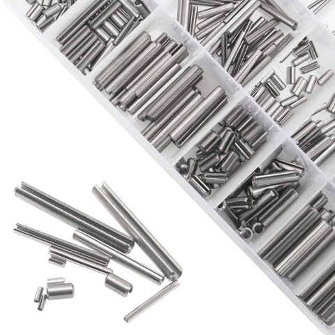 440 Piece 304 Stainless Steel Slotted Spring Pin Set For M1.5 To M5 Dowel Tension Roll Pins in storage case, various sizes shown