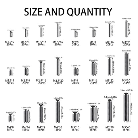 Size chart for 440 Piece 304 Stainless Steel Slotted Spring Pin Set For M1.5 To M5 Dowel Tension Roll Pins, includes 24 sizes.
