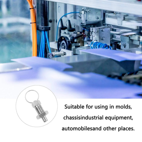Stainless Steel Spring Plunger with Pull Ring Set installed in industrial equipment setting, suitable for molds and chassis applications.
