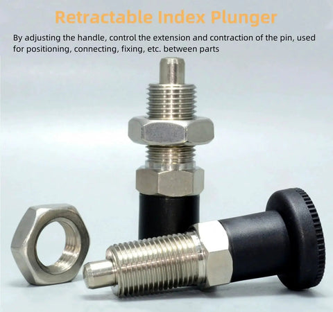 Two Pack Stainless Steel Retractable Ball Nose Spring Plungers With Return Knobs, M12 Thread 1.5 Pitch, shown with hex nut
