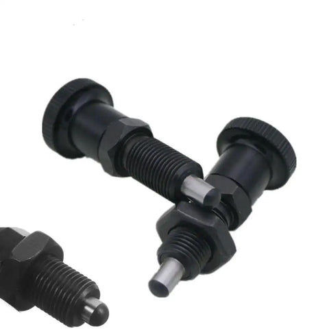 Two Pack Retractable Spring Plunger Ball Loaded Pin M6 Non Locking Indexing Knob Pin, black and silver, stainless steel, front view