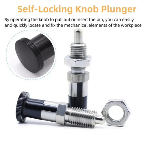 Two Pack Stainless Steel Push Fit Ball Nose Spring Plungers With Self Locking Knob and hex nut shown.