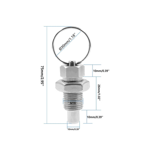 Stainless Steel Spring Plunger with Pull Ring Set, Non-Locking, M16-10mm Size for Industrial Use, with measurements shown.