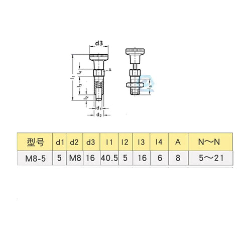 Technical diagram of Stainless Steel Spring Return Knob Plunger M8 with measurements, coarse thread, and indexing pin, industrial use.