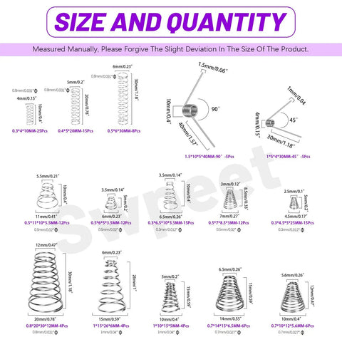 Diagram showing sizes of a Stainless Steel Spring Set With 148 Pieces In Three Styles Conical Compression 0.3 To 1 Mm Torsion Springs