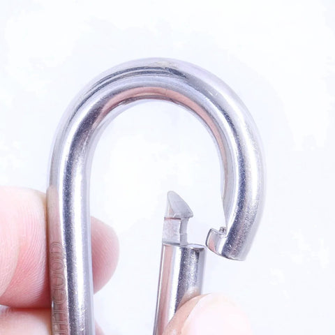 Close-up of 2.4 Inch 304 Stainless Steel Spring Snap Hook showing quick release clip mechanism, ideal for heavy duty 264 pound load.