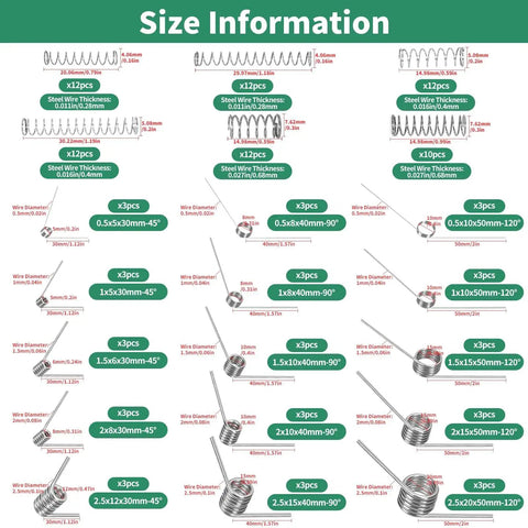 All In One Stainless Steel Small Springs Kit with 115 Pieces includes 45 90 120 Degree Torsion Springs size information chart.