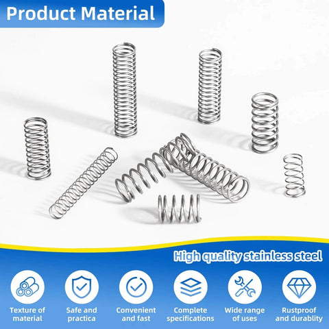Stainless steel springs showcasing product material features with icons highlighting durability and versatility for various uses.