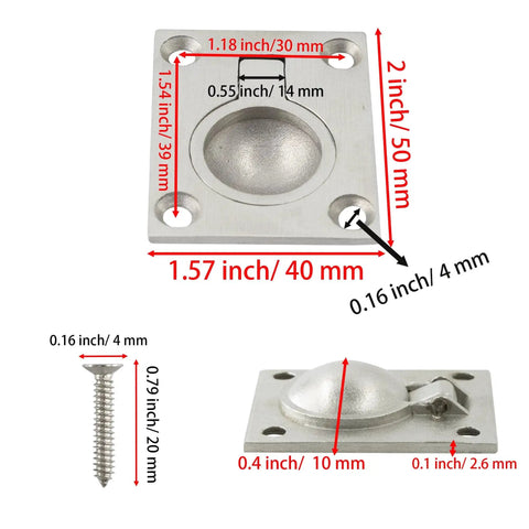 2 Pack 304 Stainless Steel Square Boat Hatch Latch Handles With Flush Mount Lifting Ring Pulls For Cabinets And Drawers specifications