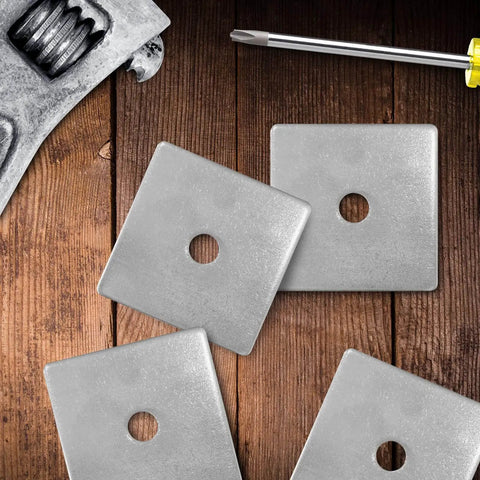 Premium 304 stainless steel square washer plates, 2.4 inch outer diameter, 3 mm thick, 3/8 inch bore on wood surface
