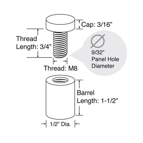 Stainless Steel Sign Standoff Set One Half Inch Diameter And One Half Inch Barrel Length Brushed Finish diagram with measurements.