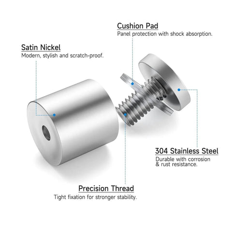 8 Pack Stainless Steel Standoff Screws For Acrylic Display, 1 Inch Diameter By 1 Inch Long Wall Mounts, Cushion Pad, Satin Nickel, 304 Steel