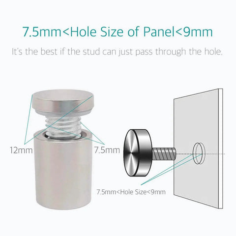 Diagram of stainless steel standoff screw dimensions for acrylic signs, showing 12mm diameter, 7.5mm hole, and installation guide