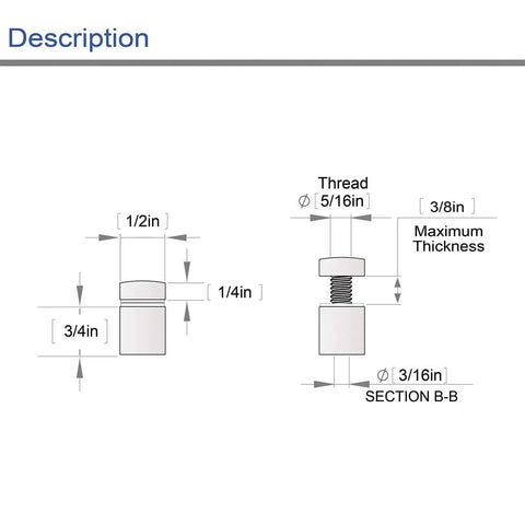 Diagram of Stainless Steel Standoff Screws Set For Acrylic Signs, 20 Pack, Diameter 0.5 Inch, Length 0.75 Inch, Brushed Nickel Finish.