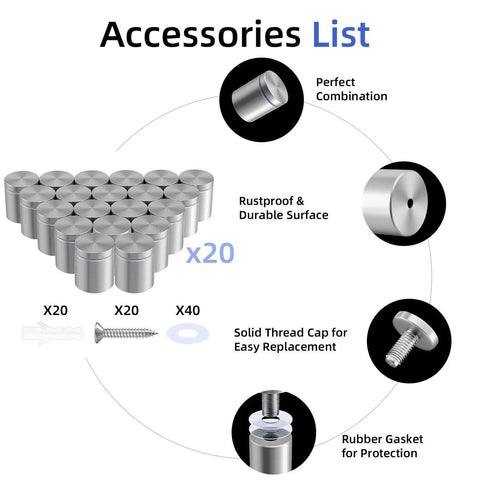 Stainless Steel Standoff Screws 1 Inch Diameter 1 Inch Barrel Length 20 Pack With 80 Mounting Accessories For Acrylic Plexiglass Glass Wood Metal Aluminum Panels And Frames Picture Mounting Hardware Silver, showing screws, caps, and accessories.
