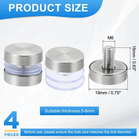4 Pack Stainless Steel Sign Standoff Screws With Rubber Gaskets For Glass Displays M6 X 16mm Thread 19mm Cap Diameter Suitable For 5 To 6 mm Glass Brushed Silver Finish Ideal For Acrylic Frames And Advertising Boards Connect And Fix showing product dimensions and suitable thickness for installation.