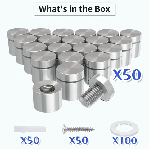 Stainless Steel 50 Pack Standoff Screws For Acrylic Signs 3/4 Inch Diameter And 3/4 Inch Length with caps, screws, and washers