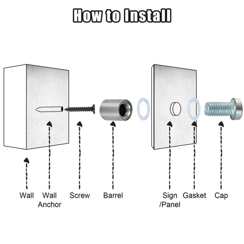 Installation guide for Stainless Steel Standoff Screws 1/2 X 3/4 Inch Set Of 50 For Wall Sign Mounting and Picture Frame Hanging.