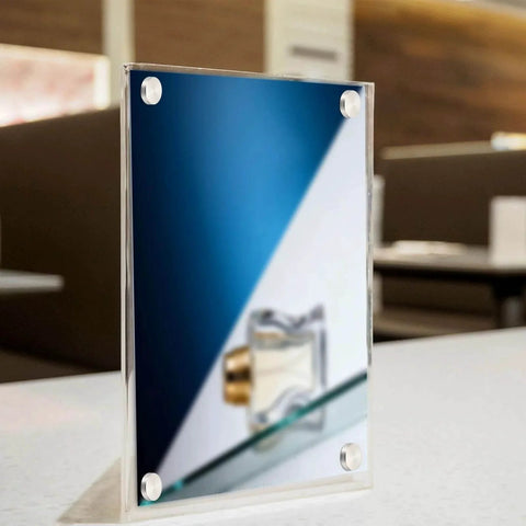Acrylic frame on table secured with 4 Pack Stainless Steel Sign Standoff Screws With Rubber Gaskets For Glass Displays M6 X 16mm Thread