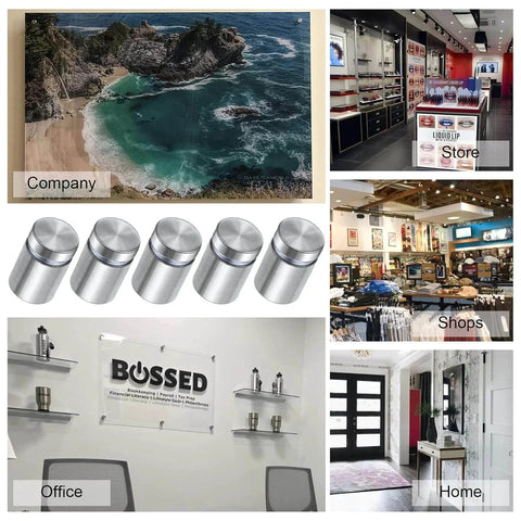 Collage of stainless steel standoff screws with images of company, store, shop, office, and home applications for sign mounting.