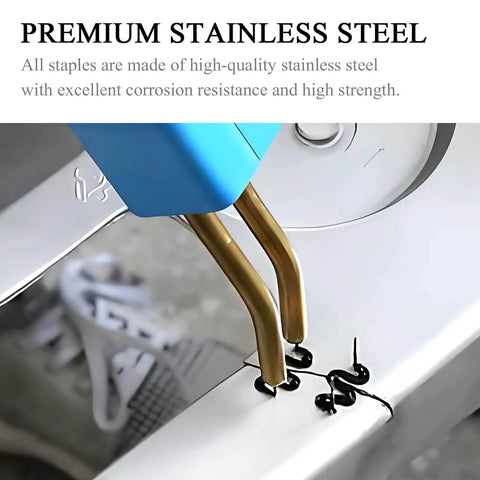 Pro Grade Heavy Duty 1200Pcs Plastic Welding Staples Set demonstrating stainless steel staples in use on plastic panel