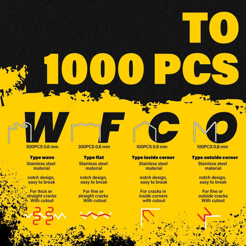 Infographic of 1000 PCS staples types for 3 In 1 Plastic Welder Kit With 110V Power 1000 Staples And Welding Rods Versatile Repair Tool