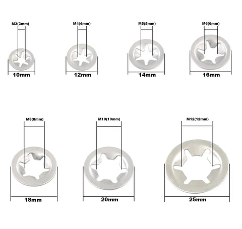 Stainless Steel Starlock Washers Kit 7 Sizes M3 to M12 External Push Rings, shown in varying dimensions from 10mm to 25mm.
