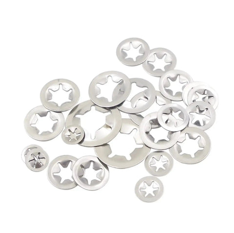 Assorted stainless steel starlock washers from kit featuring 7 sizes M3 to M12 for external push ring use.
