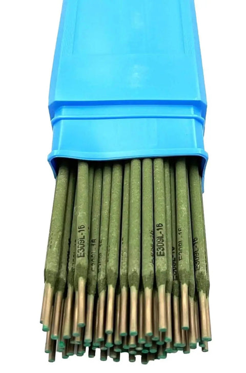 Open blue box showing Stainless Steel Stick Electrode 309L-16 For Welding Stainless To Carbon Or Low Alloy Steels, 3/32 Inch