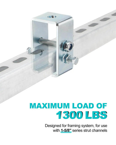 A durable stainless steel hanger bracket designed for 1-5/8 inch UNISTRUT channels, supporting up to 1300 lbs with side threaded holes.