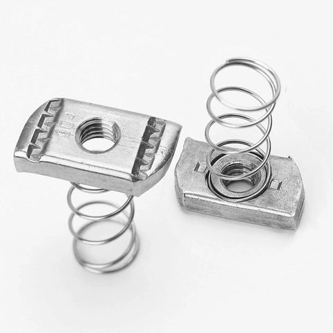 Stainless steel 3/8-16 standard strut channel nuts with a thickened spring deliver strong, corrosion resistant fasteners, side view.
