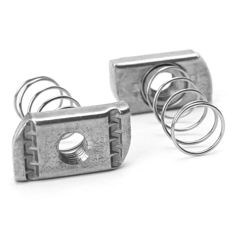 Stainless steel 3/8-16 standard strut channel nuts with a thickened spring deliver strong, corrosion resistant fasteners for mounting.
