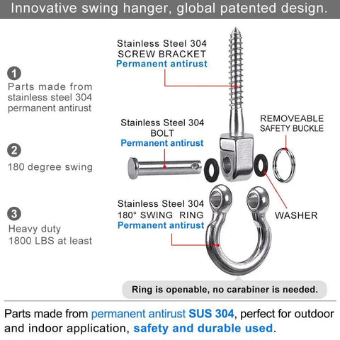 Heavy Duty Swing Hangers Stainless Steel 2 Pack 1800 Lb Capacity Indoor Outdoor components with labels