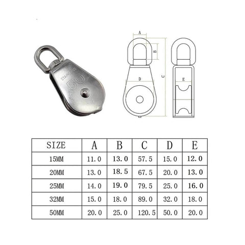 5-Pack Stainless Steel 304 Single Sheave Swivel Eye Rope Pulley 15mm 20mm 25mm 32mm 50mm Rigging Hardware Lifting Swivel Pulley (15mm) with size chart